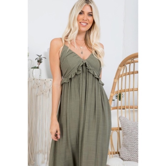 SOLD OUT Olive Bohemian Ruffle Long Full Length Sleeveless Casual Maxi Dress - Picture 4 of 4